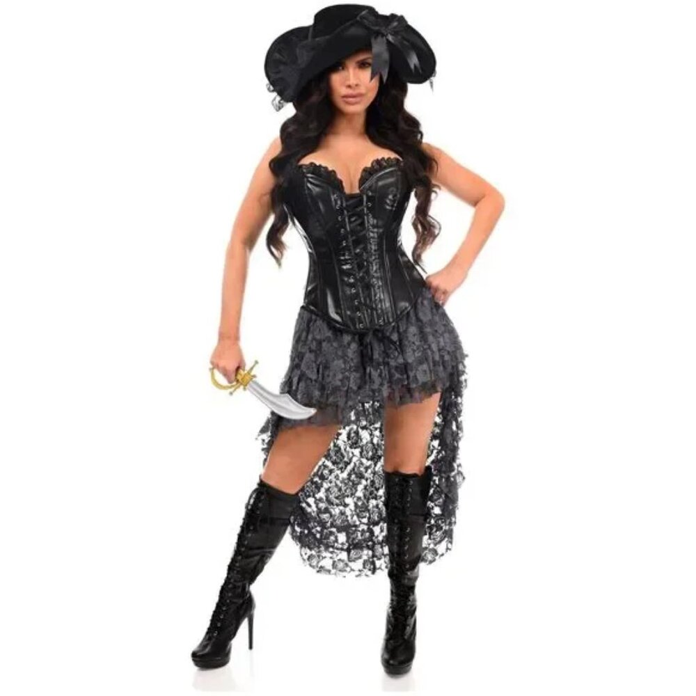 4 PC Black/Grey Lace Premium Pirate Corset Costume